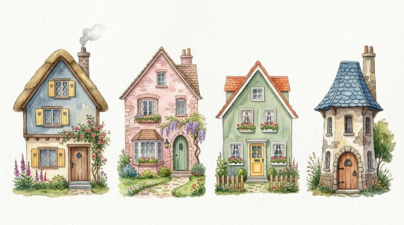 A whimsical watercolor houses clipart set on a transparent background, cozy cottage shapes and pastel architectural details with soft storybook charm, ultra-realistic, no logos.