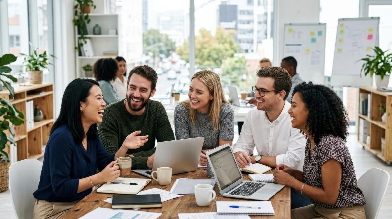 A group of young professionals smiling and enjoying each other's company in an office, candid interaction, bright workspace and a warm team-bonding atmosphere, ultra-realistic, no logos.