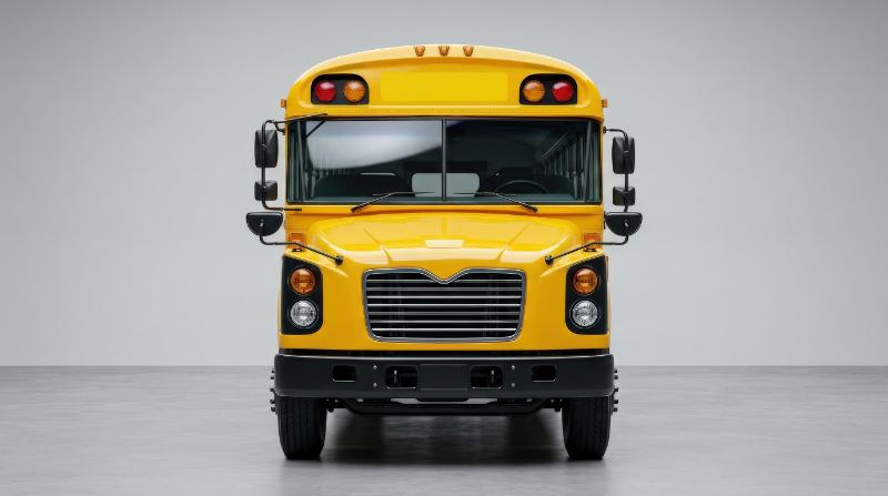 A bright yellow school bus viewed from the front on a clean plain backdrop, smooth painted metal, clear headlights and cheerful studio presentation, ultra-realistic, no logos.
