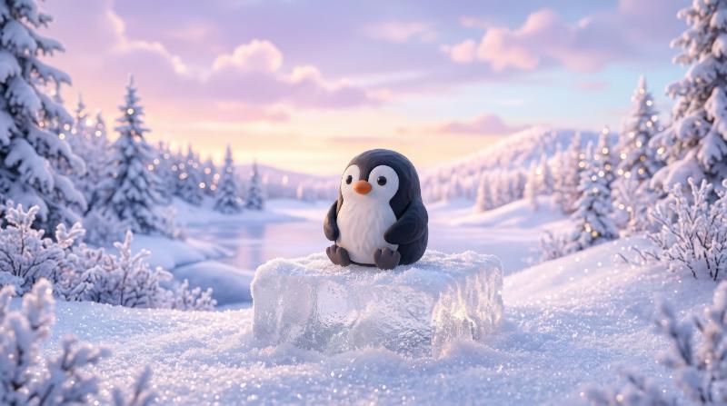 An adorable clay-style penguin sitting on a block of ice in a dreamy winter wonderland, frosty sparkle, soft pastel sky, serene magical mood, ultra-realistic, no logos.