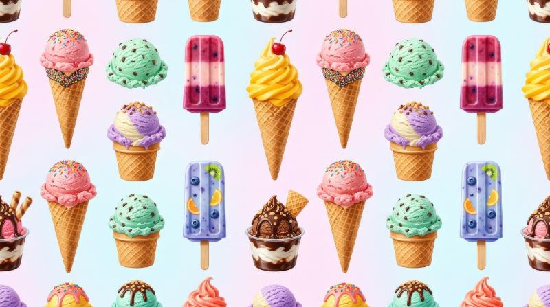 A colorful ice cream pattern arranged neatly, creamy textures, pastel and bright tones, cheerful repeating composition, ultra-realistic, no logos.