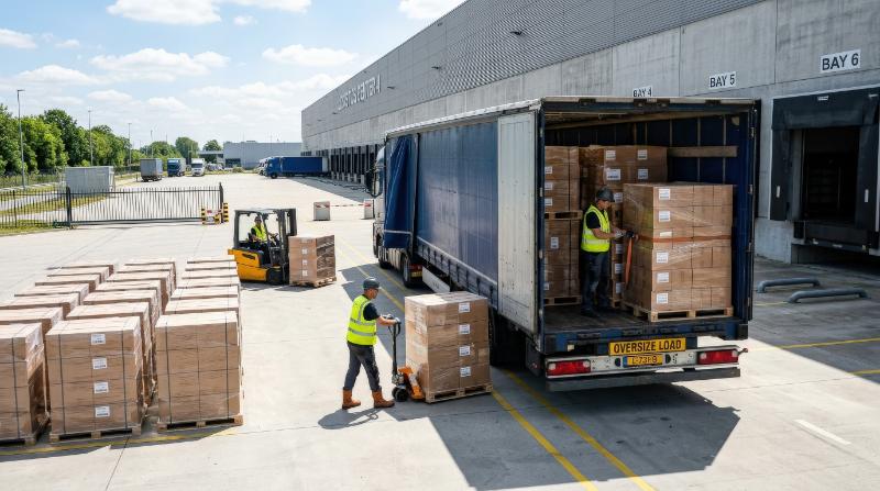 Boxes neatly packed and loaded onto a large truck outside a warehouse, clean logistics yard, organized stacks, bright daylight and an efficient atmosphere of optimized delivery and supply flow,