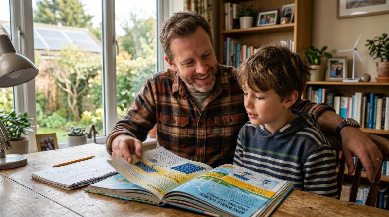 A father and son looking for information about renewable energy, shared tablet or book, home learning scene, warm interaction, curious educational atmosphere, ultra-realistic, no logos.