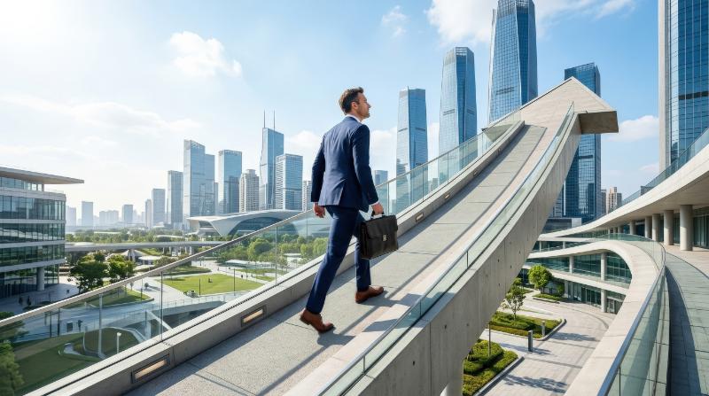 A man walking along an upward arrow path, bold minimal business landscape, symbolizing achievement, progress, growth and corporate victory, bright motivational atmosphere, ultra-realistic, no logos.