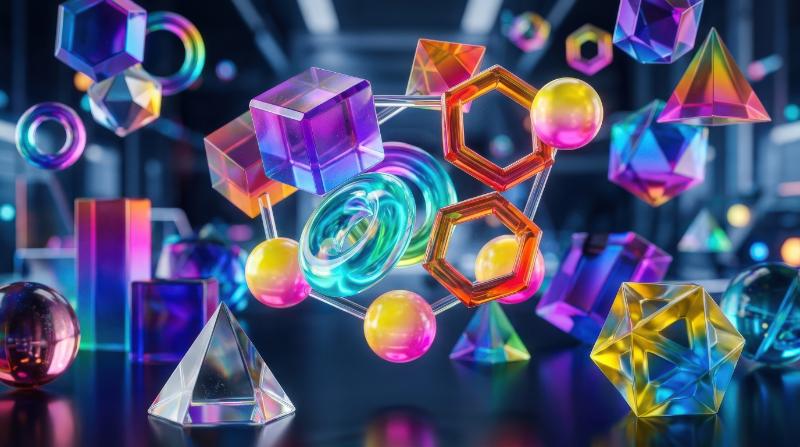 A colorful composition of geometric primitives with glass material and vibrant gradients, crisp edges, playful depth and futuristic design mood, ultra-realistic, no logos.