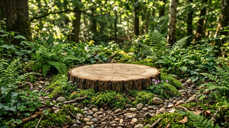 A natural wood slice podium on moss surrounded by green plants and pebbles with soft dappled light, earthy textures, fresh organic atmosphere, ultra-realistic, no logos.