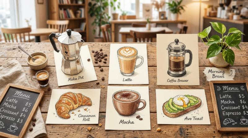A charming assortment of hand-drawn cafe items and beverages including coffee makers, pastries, espresso, latte, and mocha, cozy breakfast mood, soft warm palette, playful yet refined atmosphere,
