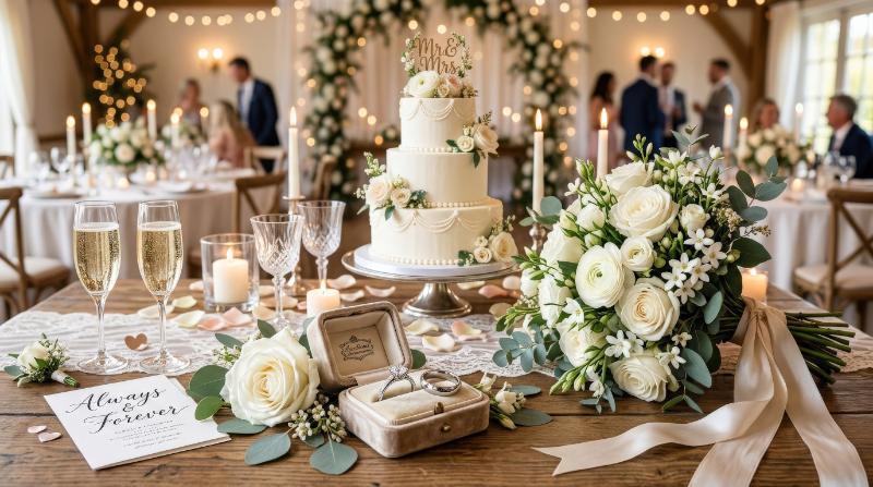 A wedding symbols set with rings, bouquet, cake, hearts, and celebration details, romantic elegant atmosphere, ultra-realistic, no logos.