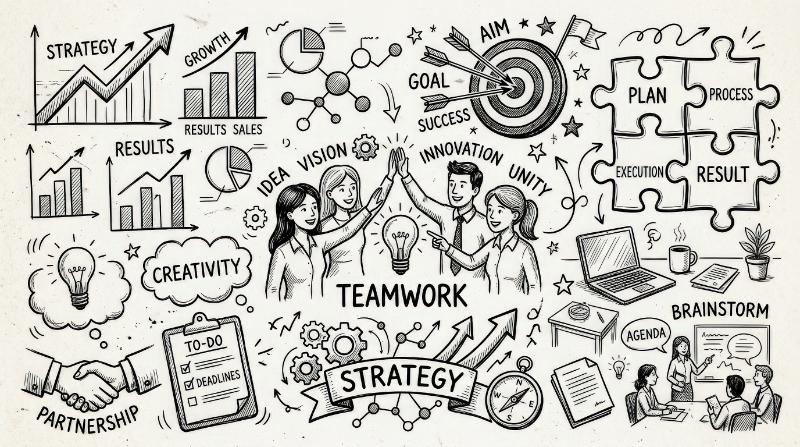 Doodle business icons with strategy charts, target, puzzle, teamwork and office elements in a hand-drawn sketch style, lively and creative, ultra-realistic, no logos.
