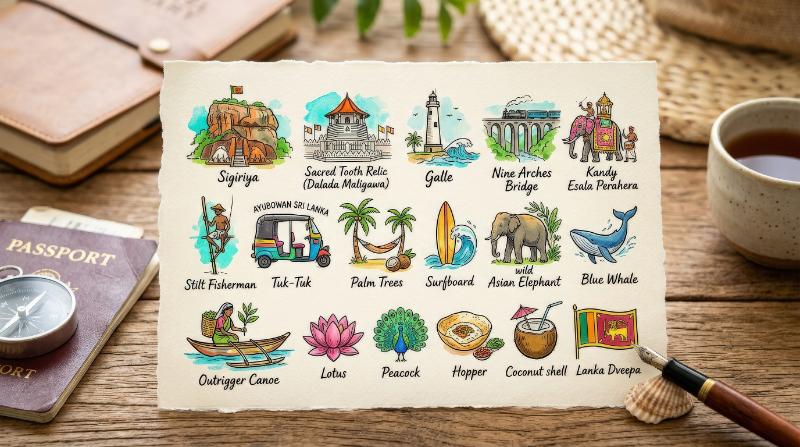 A Sri Lanka travel doodle icon set with cultural landmarks and tropical motifs, playful tourism-inspired line art with bright wanderlust spirit, ultra-realistic, no logos.