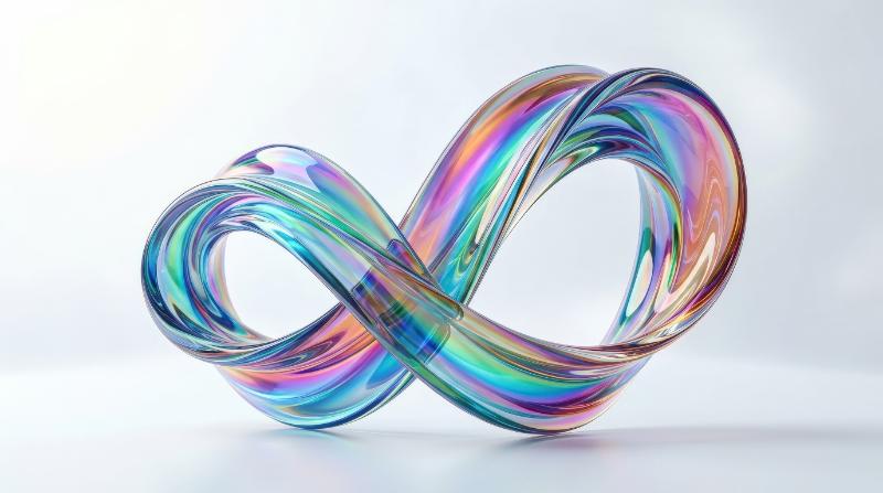 A colorful glass ribbon loop with curved flowing strip and rainbow iridescent texture, isolated on a bright backdrop, elegant poster-like abstraction, ultra-realistic, no logos.