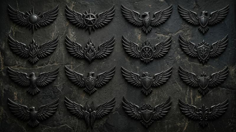 A dramatic set of black wing icons, angelic and bird-inspired badge shapes with bold silhouettes and elegant symmetry, mystical emblem atmosphere, ultra-realistic, no logos.