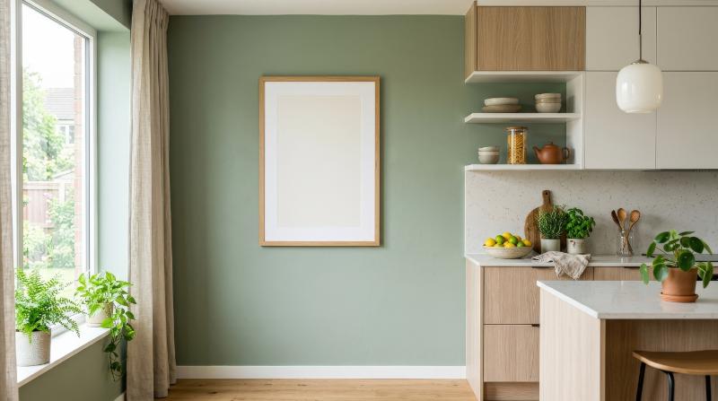 A poster frame mockup in a kitchen interior against an empty green wall, modern cabinetry, natural textures and fresh homey light, ultra-realistic, no logos.