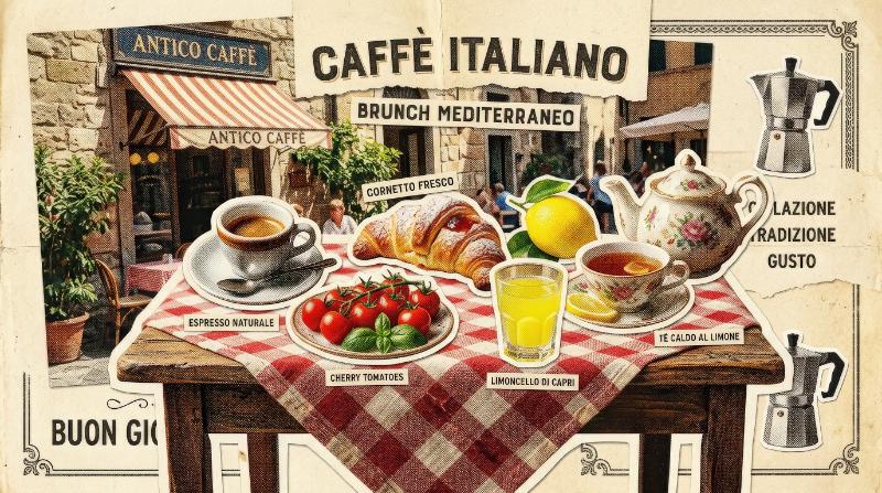 An Italian brunch halftone collage with coffee, lemon, limoncello glass, croissant, tomato and tea, cutout vintage café styling with warm Mediterranean breakfast mood, ultra-realistic, no logos.
