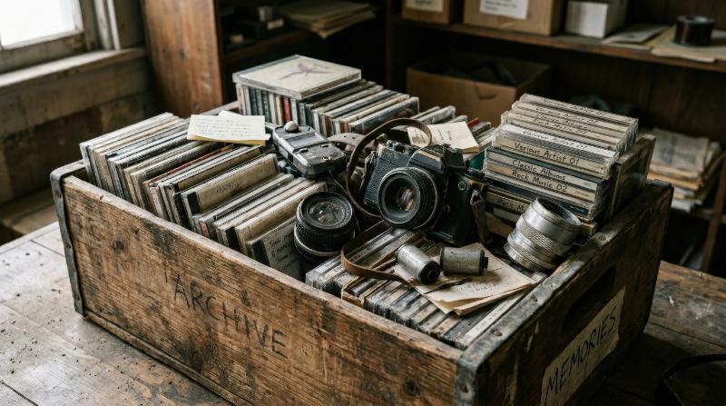 A weathered crate filled with old music CDs and vintage photographic equipment, scratched jewel cases, aged lenses, nostalgic clutter, soft directional light, archival atmosphere, ultra-realistic, no