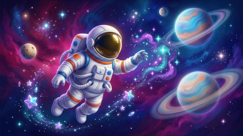 A cartoon-like astronaut exploring planets and stars in space, floating among glowing cosmic elements, deep celestial colors, adventurous dreamy mood, ultra-realistic, no logos.