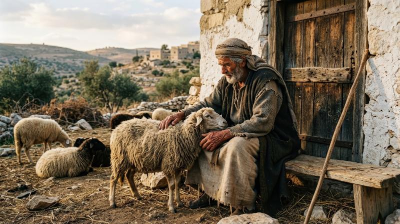 An old shepherd seated near an ancient wooden door with sheep, weathered hands petting the animal, rustic clothing and warm rural light in a biblical landscape, ultra-realistic, no logos.