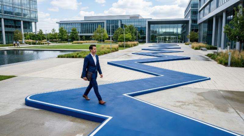 A man walking on a winding blue zigzag path through an open space, elegant geometric turns, clean modern surfaces, symbol of strategic navigation business agility and complex success, calm