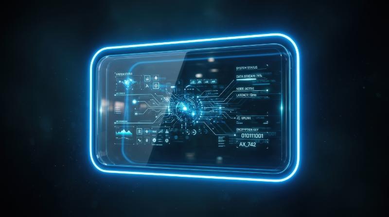 A futuristic blue neon glass panel with rounded corners, glossy gradients, transparent digital surface and soft luminous edges on dark background, ultra-realistic, no logos.