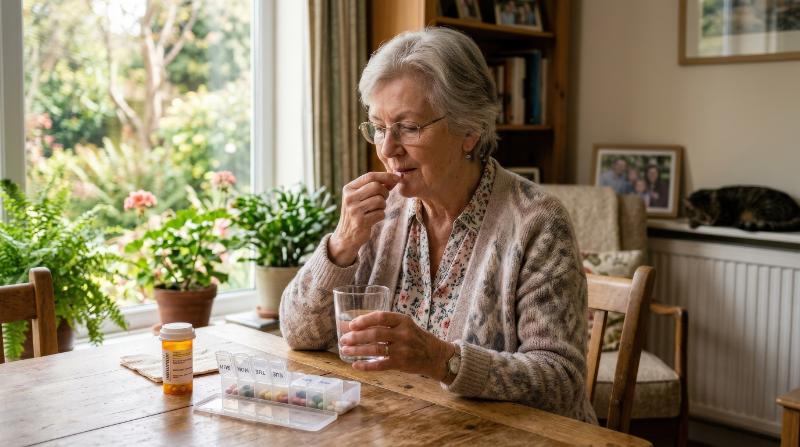 A senior woman taking prescription medication at home, calm domestic setting, glass of water and pill organizer on the table, soft morning light and quiet reflective mood, ultra-realistic, no logos.