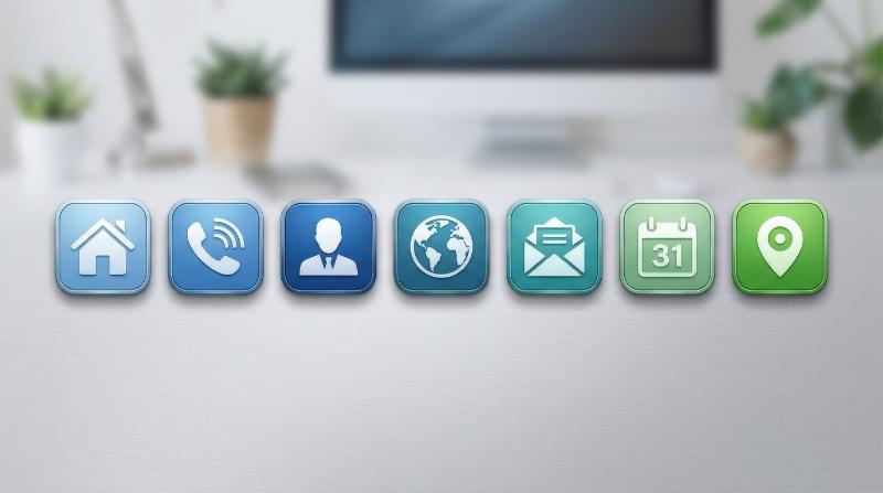 A contact icon set with home, phone, user, globe, email, calendar, and location symbols, smooth communication-focused layout, modern vector clarity, ultra-realistic, no logos.