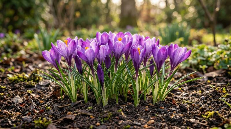 A cluster of purple crocus flowers emerging from brown soil with tender green leaves, warm sunlight and delicate spring freshness, ultra-realistic, no logos.