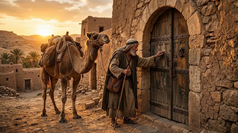 An old man with a camel knocking on an ancient wooden door at sunset, biblical historical scene, weathered stone walls, golden desert light, contemplative parable-like atmosphere, ultra-realistic, no