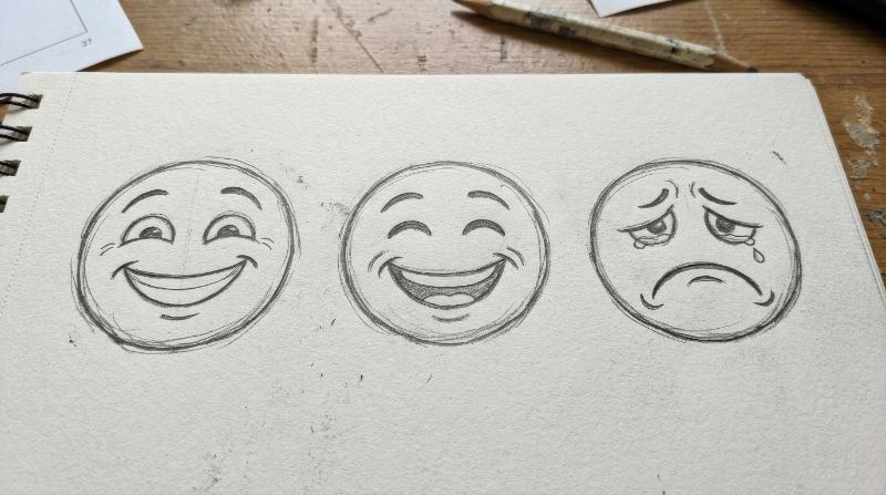 A hand-drawn emoji face set in sketch style with happy, sad, and smiling expressions, simple line art, playful emotional character, ultra-realistic, no logos.