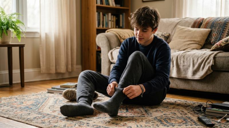 A teenage boy sitting on a carpet at home while putting on a sock, candid everyday scene, soft domestic lighting and natural relaxed atmosphere, ultra-realistic, no logos.
