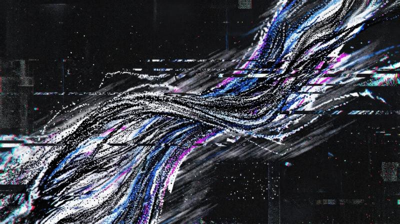 Dynamic glitch flow lines built from stippled dotwork, grainy movement, ultra-detailed texture and sharp digital distortion energy, ultra-realistic, no logos.