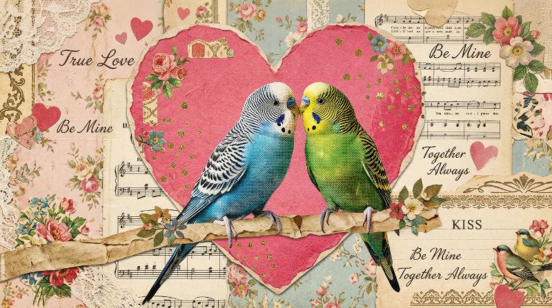 Two budgie parrots kissing in front of a pink heart, romantic retro collage styling, gentle halftone texture, sweet affectionate Valentine mood, ultra-realistic, no logos.