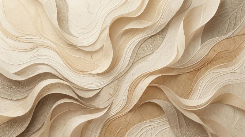 Elegant abstract beige background with layered leaf shapes, flowing texture lines and soft tonal shading, calm organic sophistication, ultra-realistic, no logos.