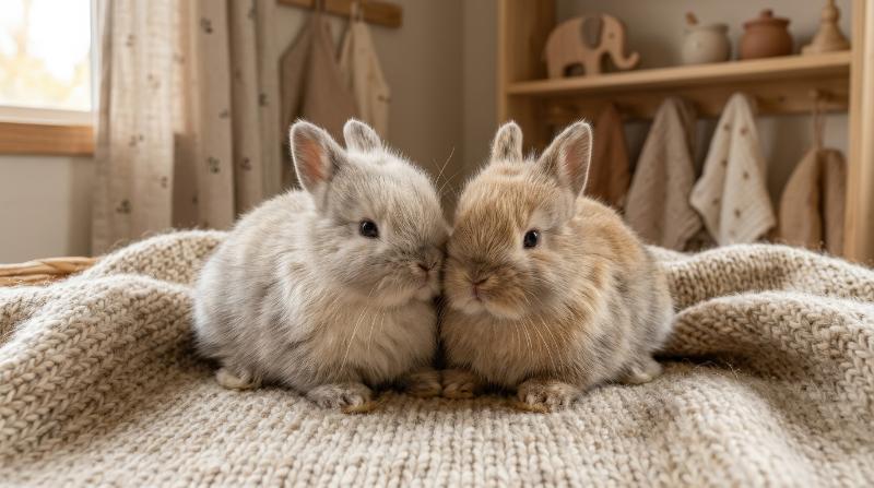 Two cute bunnies in soft natural tones sitting close together, fluffy fur, gentle light and tender nursery warmth, ultra-realistic, no logos.