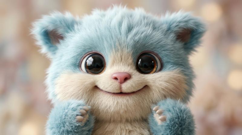 A cute fluffy monster close-up with soft fur, glossy eyes and rounded features, subtle studio shadows and a friendly playful expression, ultra-realistic, no logos.