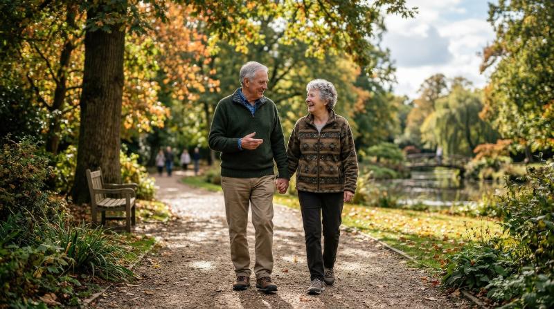 An elderly couple walking and chatting in the park, relaxed smiles, gentle natural light and peaceful everyday companionship, ultra-realistic, no logos.