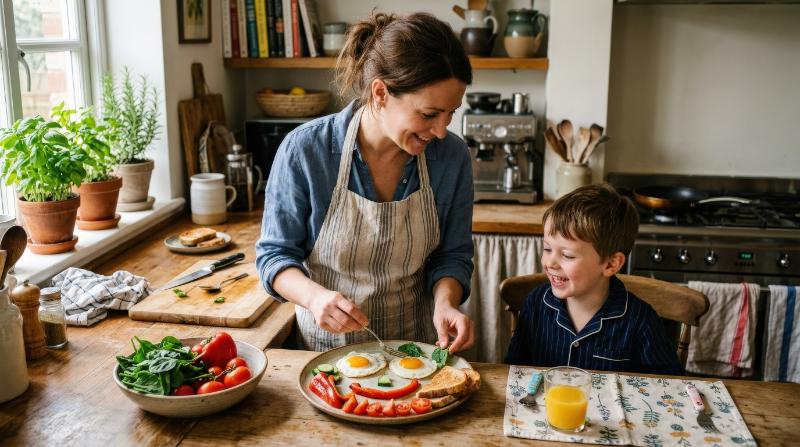 A woman preparing an artistic breakfast on a plate for a boy, egg and vegetables forming a smiley face, cozy kitchen, maternal care and culinary creativity atmosphere, ultra-realistic, no logos.