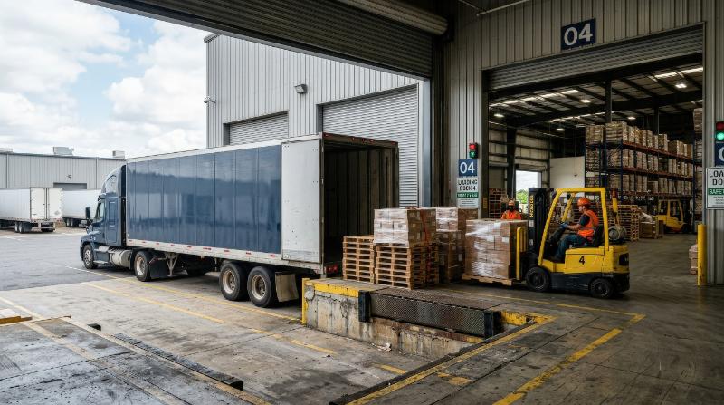 A delivery truck ready to be loaded at a distribution center, warehouse docks and pallets in view, crisp industrial textures, atmosphere of streamlined supply chain efficiency, ultra-realistic, no