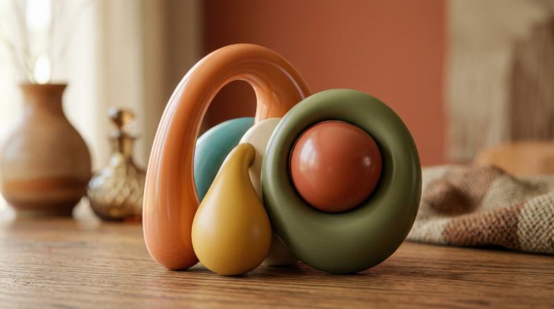 Retro-themed abstract composition in nostalgic colors, smooth sculptural forms, soft gradients and subtle shine, stylish vintage-futurist mood, ultra-realistic, no logos.