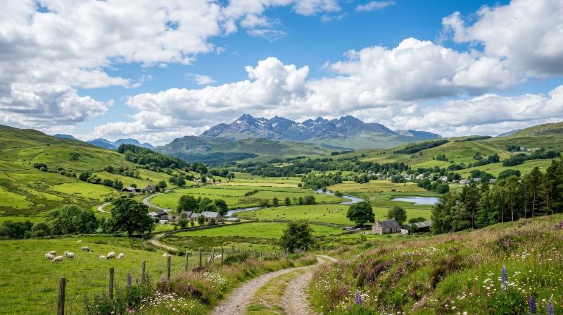 A beautiful countryside landscape with mountains, hills, meadows, fields and clouds in a blue sky, fresh open-air serenity and pastoral calm, ultra-realistic, no logos.