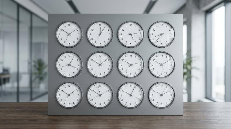 A set of thin-line clock icons with precise hands and circular faces, organized timekeeping concept, crisp modern atmosphere, ultra-realistic, no logos.
