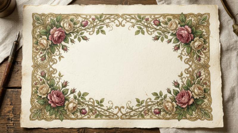 A vintage nouveau floral border of roses and delicate leafy vines, ornate corner framing with romantic botanical elegance for a timeless invitation feel, ultra-realistic, no logos.