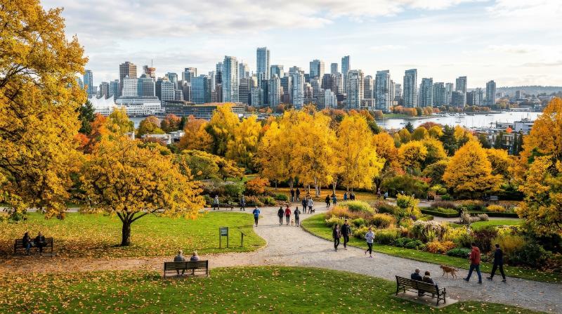 A public autumn garden in the city with yellow trees, grass and skyline in the background, wide panoramic park view, ultra-realistic, no logos.