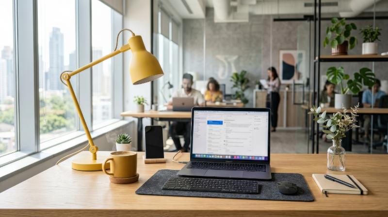 A bright modern office desk with a yellow lamp and coffee cup, clean workspace styling, soft daylight and polished commercial ambiance, ultra-realistic, no logos.