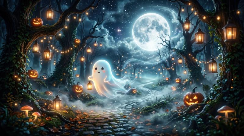 A surreal Halloween night with a cute ghost drifting through a dreamlike scene, glowing lanterns, moonlit fog, enchanting spooky atmosphere, ultra-realistic, no logos.