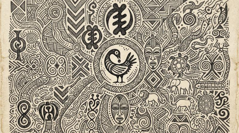 African tribal symbols in fine doodle line art, expressive cultural motifs with rhythmic handcrafted detail and earthy visual energy, ultra-realistic, no logos.