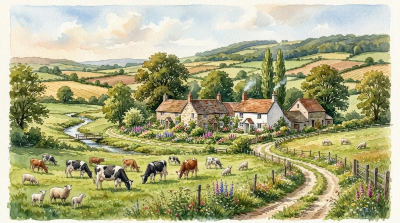 A countryside watercolor landscape with houses, farm animals, trees, green meadows, fields and hills, warm rural harmony, soft ecological beauty, ultra-realistic, no logos.