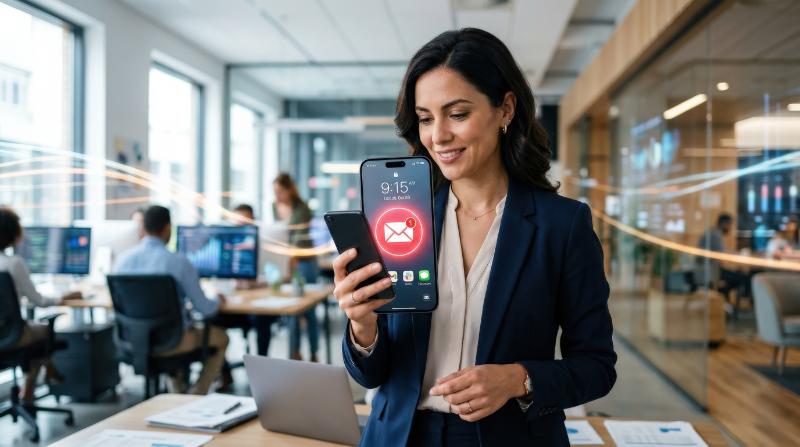 A person checking a smartphone with a glowing new email notification icon, clean digital background, bright messaging cues, connected business communication atmosphere, ultra-realistic, no logos.