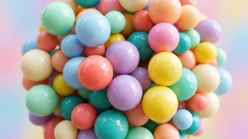 Colorful plastic-like balls clustered in a pastel composition, glossy bubble surfaces and playful trendy poster energy, ultra-realistic, no logos.