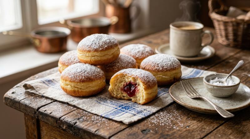 Traditional German Krapfen cake on a rustic surface, golden pastry, delicate sugar finish and inviting dessert warmth, ultra-realistic, no logos.