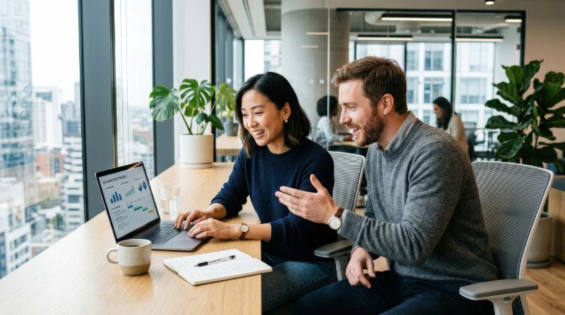Two colleagues sharing ideas while working on a laptop in a modern office, contemporary furniture, bright windows and engaged expressions, smooth collaborative mood, ultra-realistic, no logos.